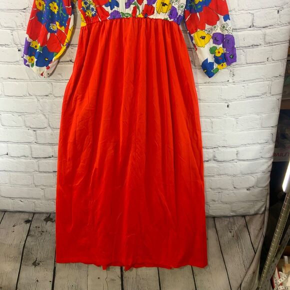 Vintage 70’s Psychedelic Bright Floral Print Sheer House Lounge Dress Groovy Mod - Picture 7 of 11